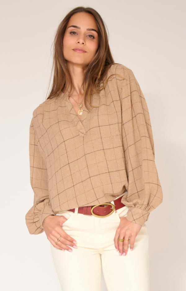 camisa beige cuadro brillo manga larga