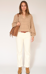 camisa beige cuadro brillo manga larga