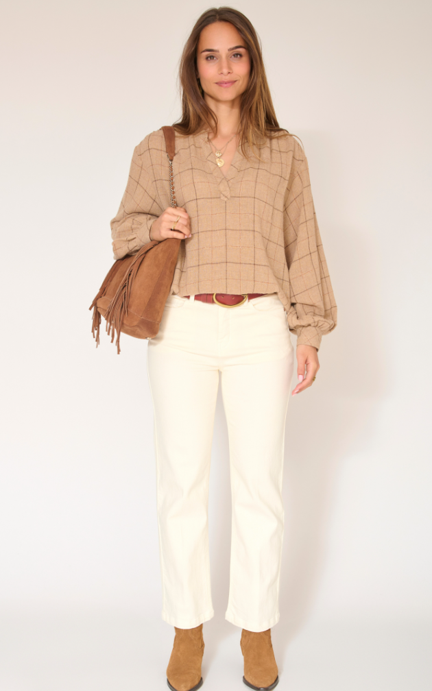 camisa beige cuadro brillo manga larga